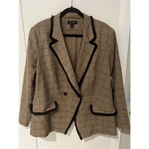 Halogen Windowpane Fringe Trim Double Breasted Blazer Fallen Rock Tan Black 2X‎